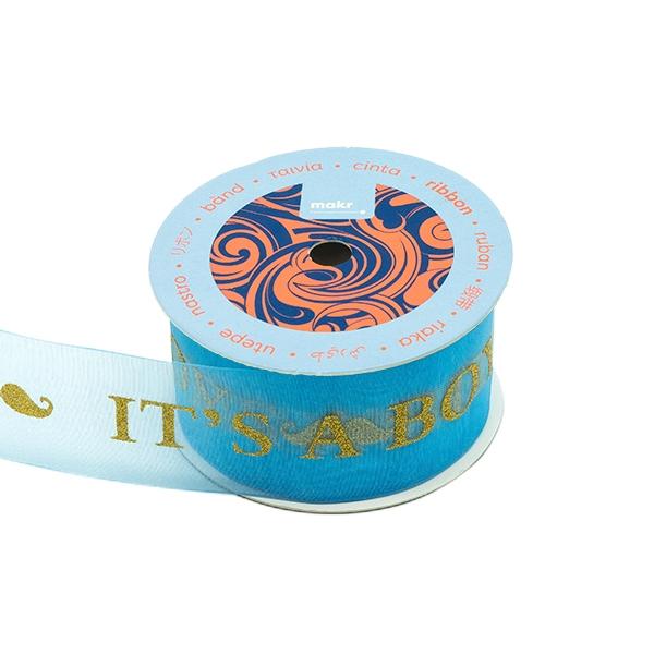 Makr Ribbon, Gold It's A Boy Blue Organza- 38mmx3.6m - Image 2