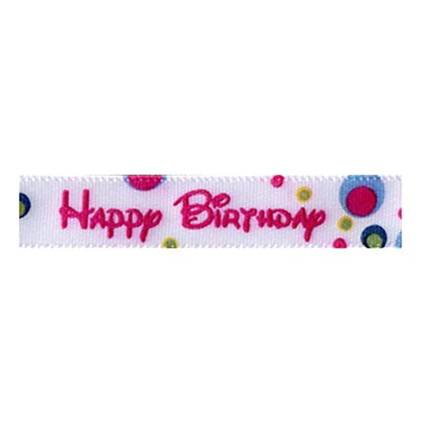 Sullivans Satin Ribbon, Happy Birthday White Pink- 9mm