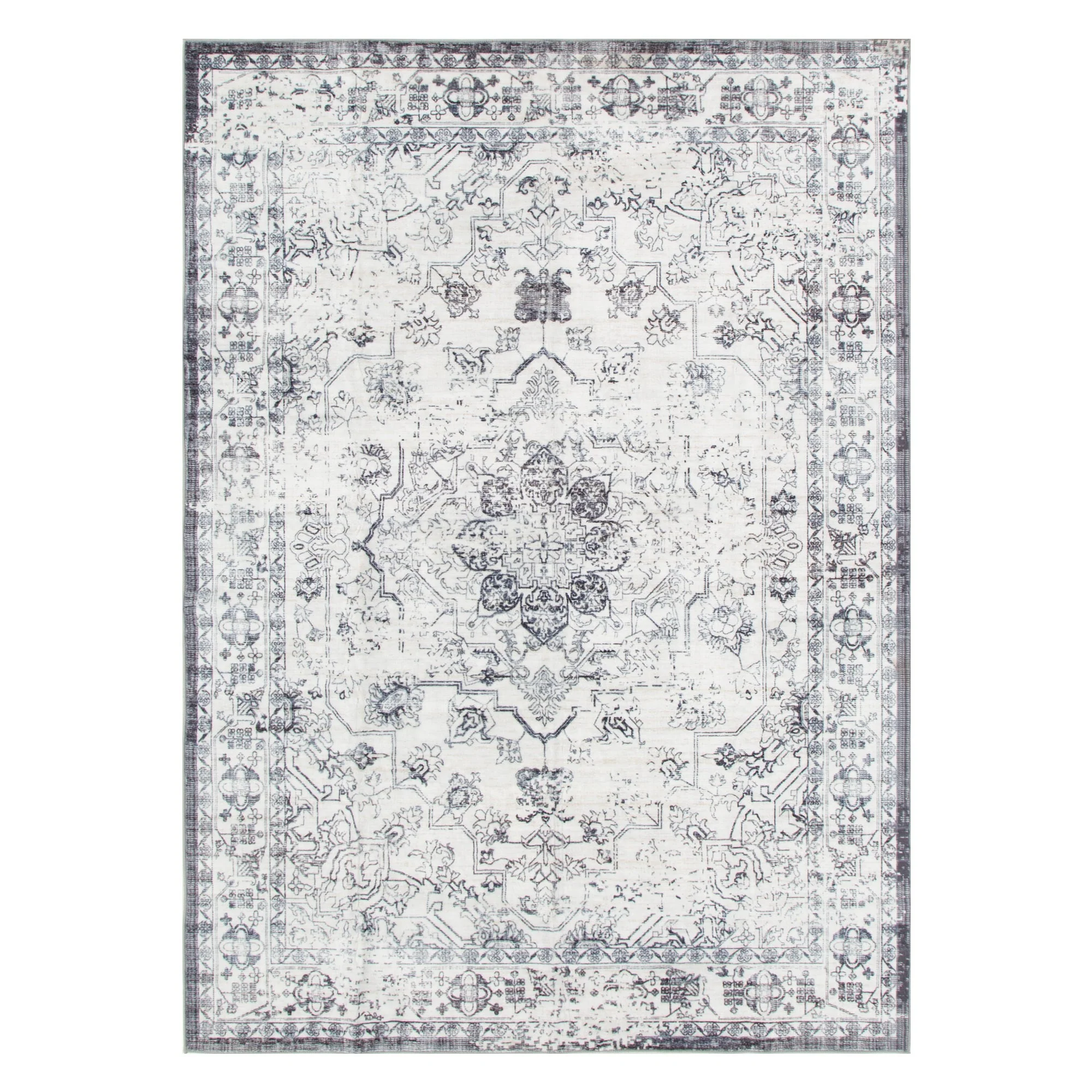 Washwell Blue Distressed Medallion Machine Washable Rug - WASH007